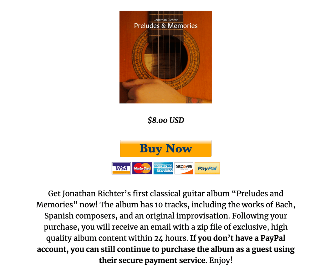 Example of a artist website Richter Guitar, demonstrating the Piecemeal Minimum Viable Product strategy