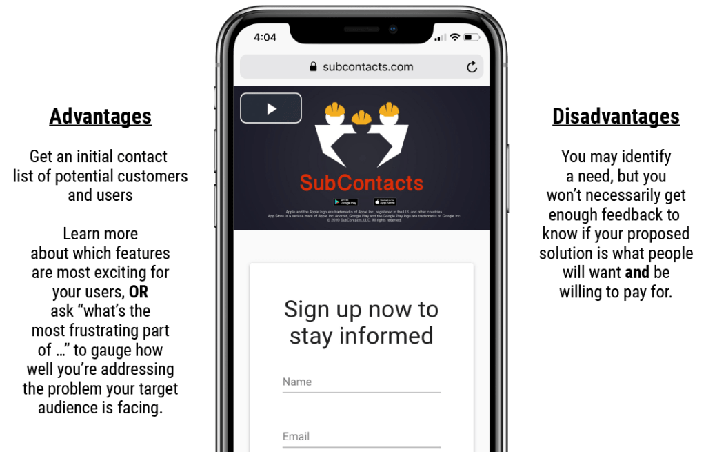 Landing page MVP example to get more customer information