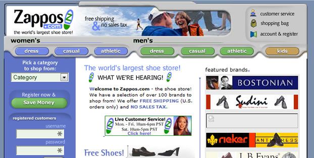 Screenshot of early stage of Zappos website, demonstrating the Wizard of Oz MVP approach